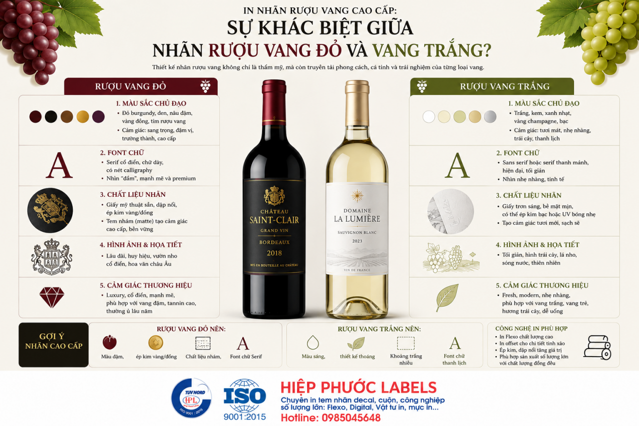 Bố cục, hình ảnh tông màu font chữ thiết kế vang đỏ và vang trắng cũng có sự khác biệt