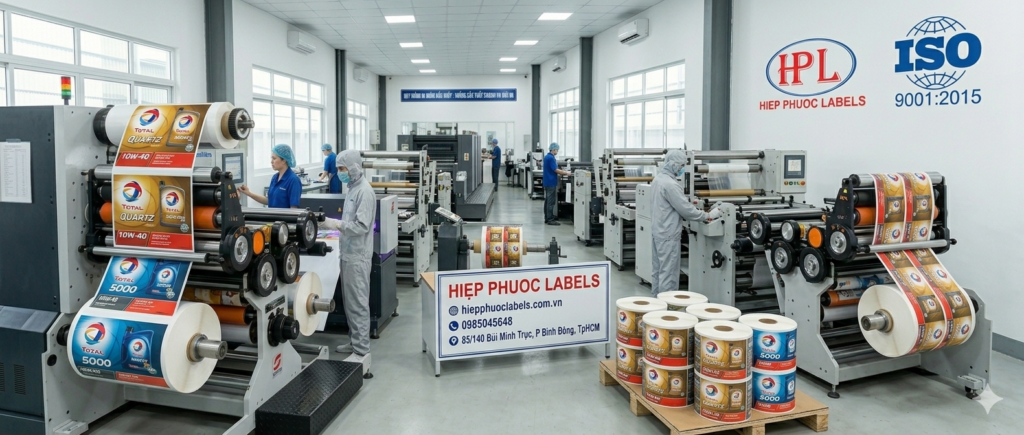 Quy trình in tem, in nhãn dầu nhớt nhãn cuộn dán tự động công nghiệp